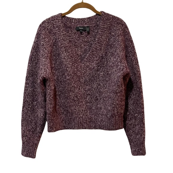 Theory Alpaca Blend Marled V Neck Sweater Mulberry Purple Cropped Petite Small